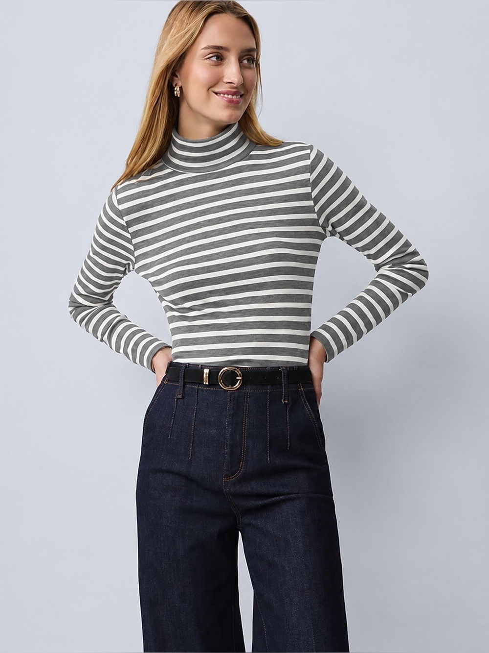 Ann Taylor Weekend Striped Turtleneck Top in gray XL NEW 2024